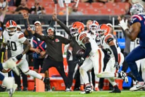 CLEVELAND, OHIO - AUGUST 27: Justin Jefferson #17 of the Cleveland Browns returns an interception during the fourth quarter of a preseason game against the New England Patriots at Huntington Bank Field on August 27, 2026 in Cleveland, Ohio.