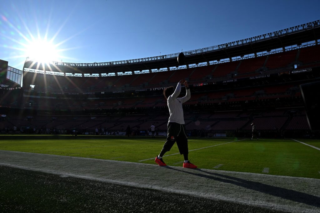 CLEVELAND, OHIO - AUGUST 27: A Cleveland Browns player warms up before a preseason game against the New England Patriots at Huntington Bank Field on August 27, 2026 in Cleveland, Ohio.