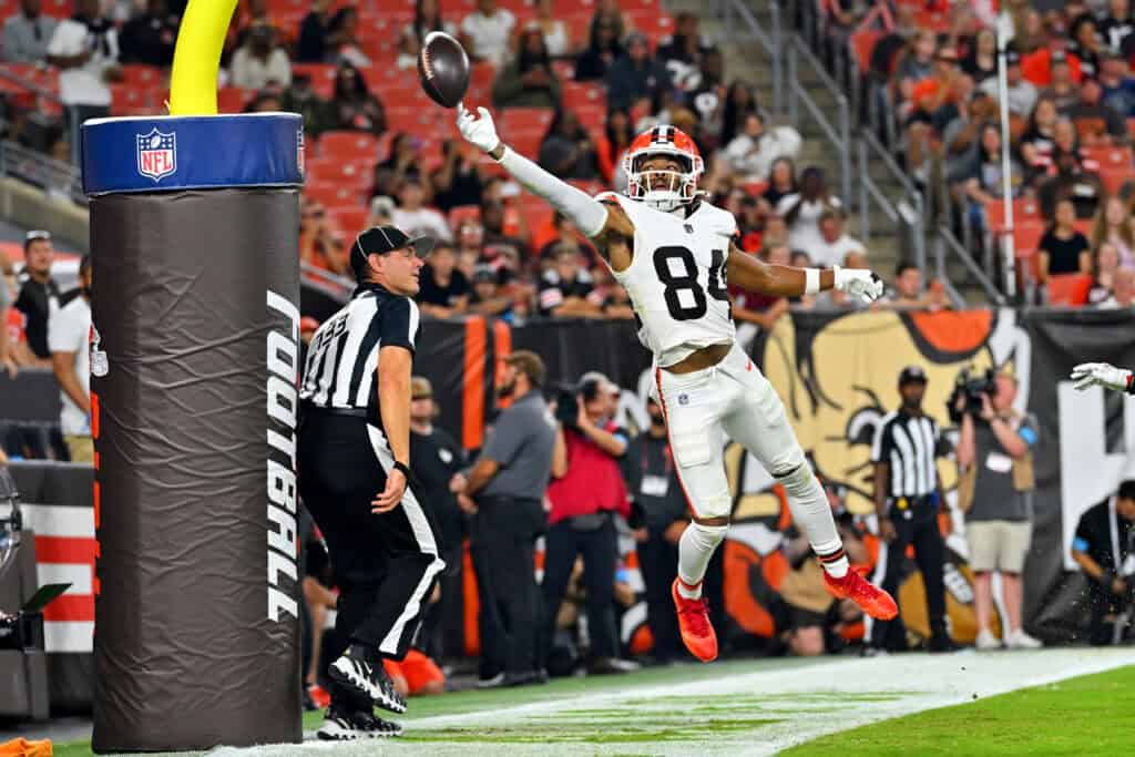CLEVELAND, OHIO - AUGUST 27: Wide receiver Gage Larvadain #84 of the Cleveland Browns can't come up with a pass in the endzone during the second quarter of a preseason game against the New England Patriots at Huntington Bank Field on August 27, 2026, in Cleveland, Ohio.