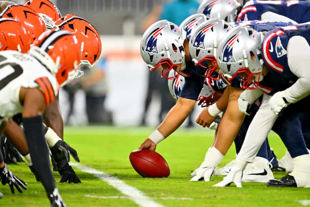 CLEVELAND, OHIO - AUGUST 27: The Cleveland Browns face off against the New England Patriots during the first quarter of a preseason game at Huntington Bank Field on August 27, 2026 in Cleveland, Ohio.
