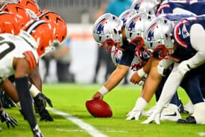 CLEVELAND, OHIO - AUGUST 27: The Cleveland Browns face off against the New England Patriots during the first quarter of a preseason game at Huntington Bank Field on August 27, 2026 in Cleveland, Ohio.