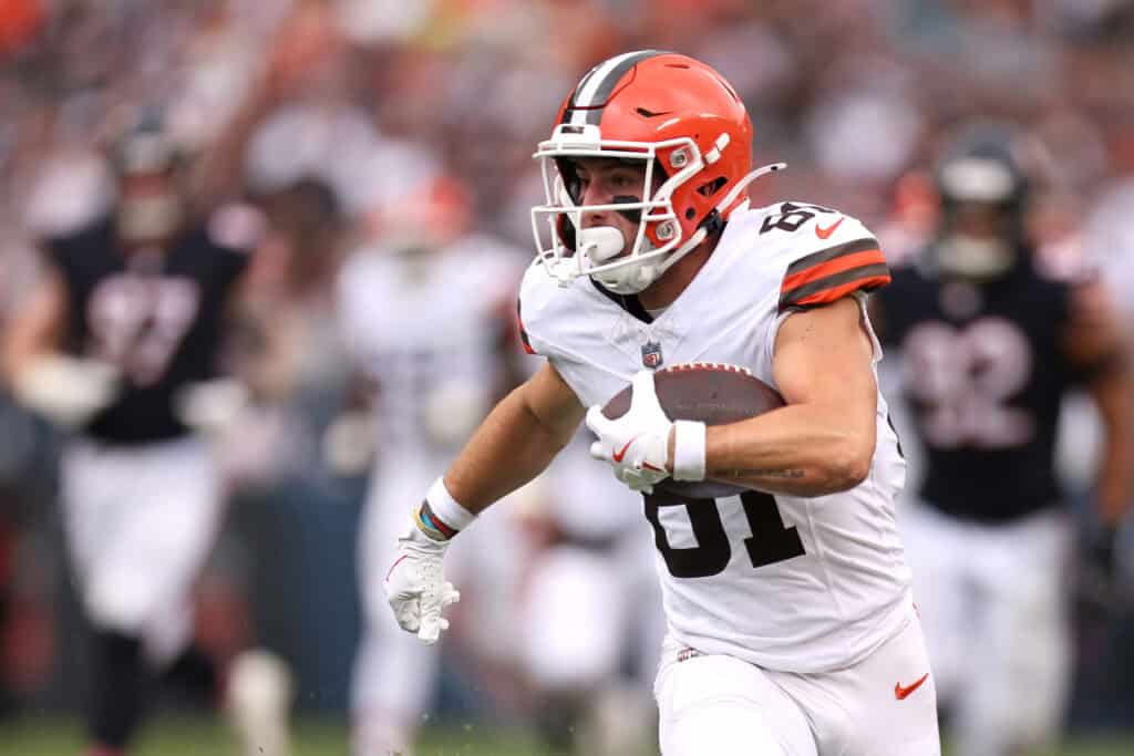 CHICAGO, ILLINOIS - AUGUST 15: Luke Floriea #81 of the Cleveland Browns runs downfield after catching the ball during the third quarter of a preseason game against the Chicago Bears at Soldier Field on August 15, 2026 in Chicago, Illinois.