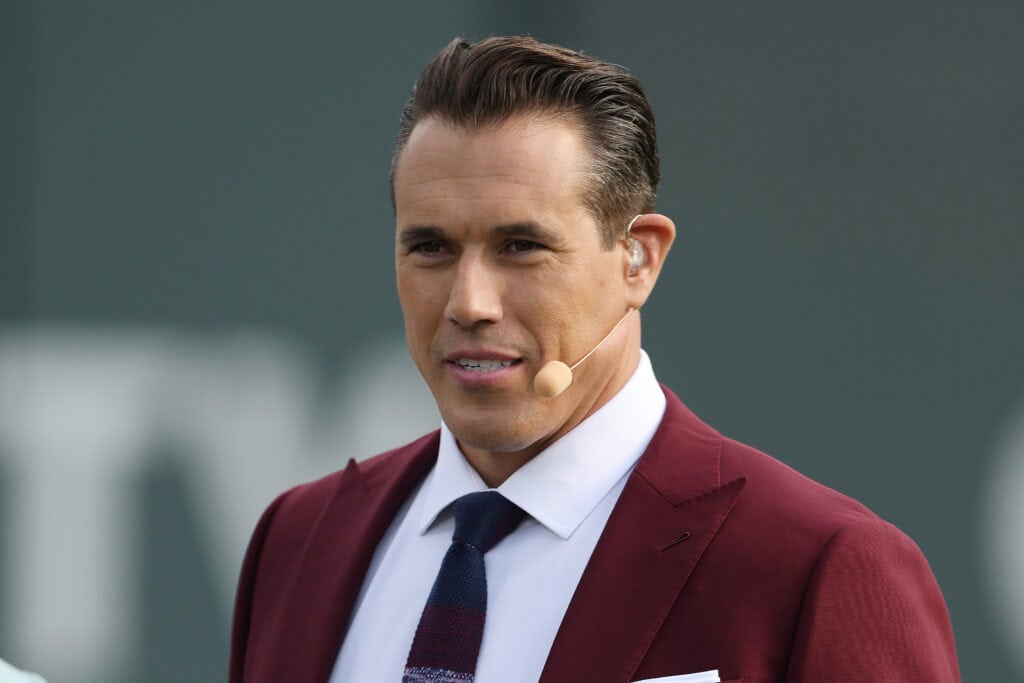 CHICAGO, ILLINOIS - NOVEMBER 15: FOX Sports commentator Brady Quinn looks on during the first half between the Northwestern Wildcats and the Michigan Wolverines at Wrigley Field on November 15, 2025 in Chicago, Illinois.