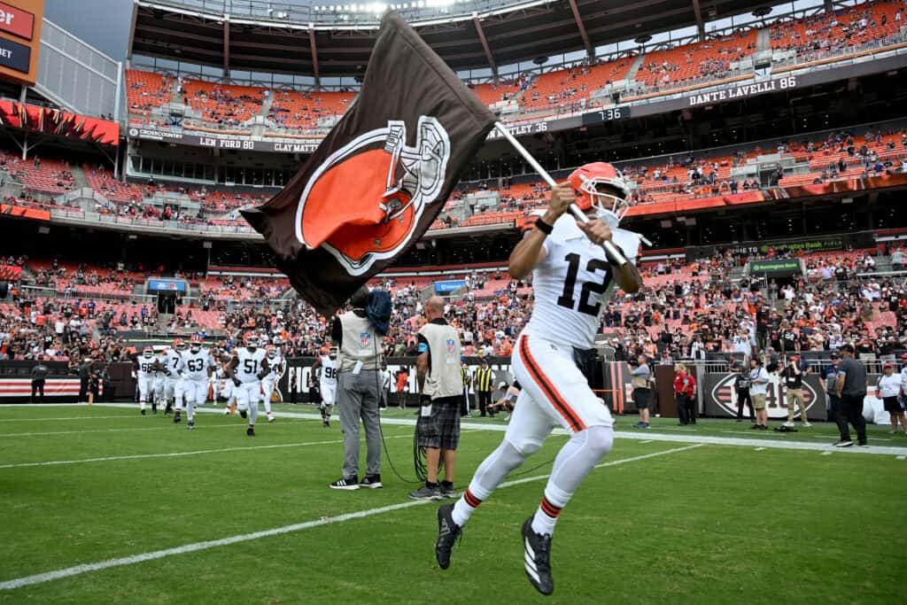 CLEVELAND, OHIO - AUGUST 22: Wide receiver Denzel Boston #12 of the Cleveland Browns takes the field before of a preseason game against the Buffalo Bills at Huntington Bank Field on August 22, 2026 in Cleveland, Ohio