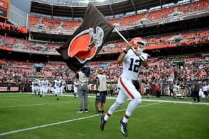 CLEVELAND, OHIO - AUGUST 22: Wide receiver Denzel Boston #12 of the Cleveland Browns takes the field before of a preseason game against the Buffalo Bills at Huntington Bank Field on August 22, 2026 in Cleveland, Ohio