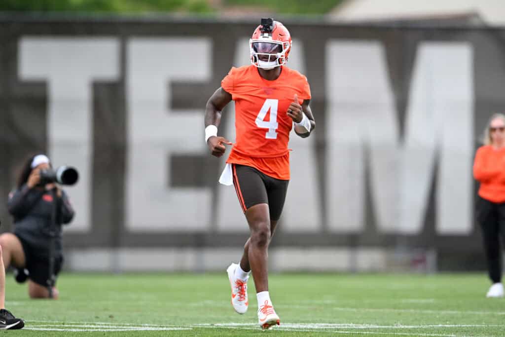 BEREA, OHIO - JUNE 11: Deshaun Watson #4 of the Cleveland Browns runs a drill during the Cleveland Browns Mandatory Minicamp at CrossCountry Mortgage Campus on June 11, 2026 in Berea, Ohio.