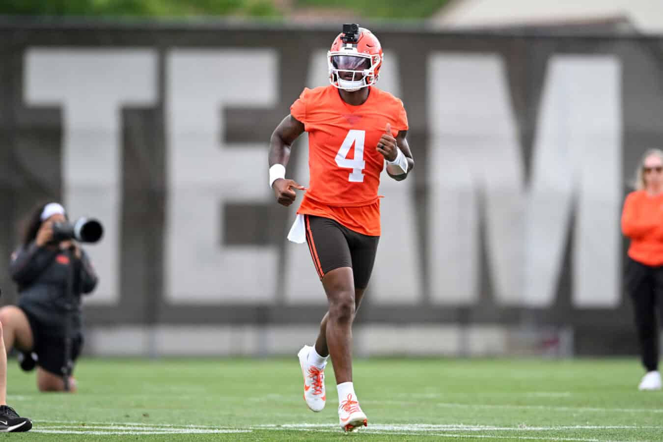 BEREA, OHIO - JUNE 11: Deshaun Watson #4 of the Cleveland Browns runs a drill during the Cleveland Browns Mandatory Minicamp at CrossCountry Mortgage Campus on June 11, 2026 in Berea, Ohio.