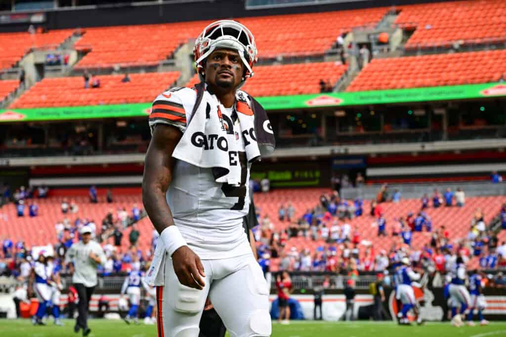 CLEVELAND, OHIO - AUGUST 22: Deshaun Watson #4 of the Cleveland Browns walks off the field after the team's 31-7 loss to the Buffalo Bills in a preseason game against the at Huntington Bank Field on August 22, 2026 in Cleveland, Ohio.