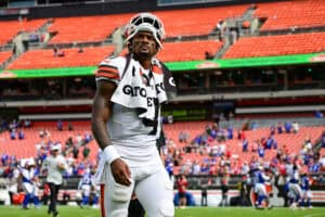 CLEVELAND, OHIO - AUGUST 22: Deshaun Watson #4 of the Cleveland Browns walks off the field after the team's 31-7 loss to the Buffalo Bills in a preseason game against the at Huntington Bank Field on August 22, 2026 in Cleveland, Ohio.