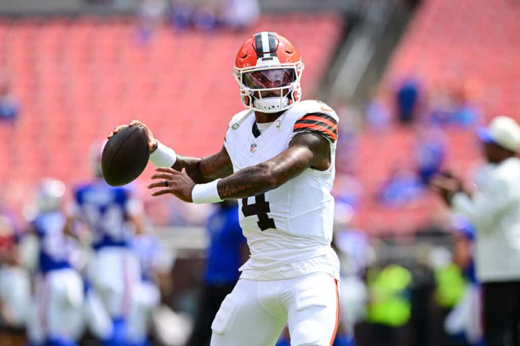 CLEVELAND, OHIO - AUGUST 22: Deshaun Watson #4 of the Cleveland Browns warms up prior to a preseason game against the Buffalo Bills at Huntington Bank Field on August 22, 2026 in Cleveland, Ohio.