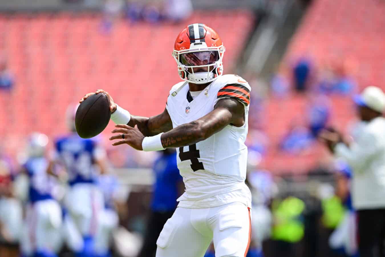 CLEVELAND, OHIO - AUGUST 22: Deshaun Watson #4 of the Cleveland Browns warms up prior to a preseason game against the Buffalo Bills at Huntington Bank Field on August 22, 2026 in Cleveland, Ohio.