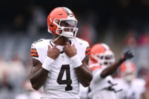 CHICAGO, ILLINOIS - AUGUST 15: Deshaun Watson #4 of the Cleveland Browns looks on before the preseason game against the Chicago Bears at Soldier Field on August 15, 2026 in Chicago, Illinois.