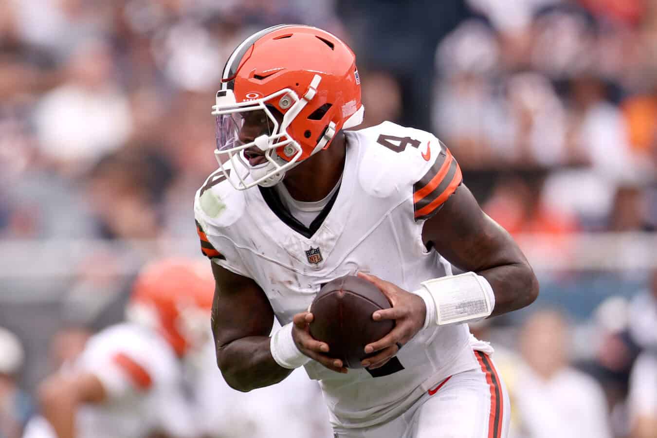 CHICAGO, ILLINOIS - AUGUST 15: Deshaun Watson #4 of the Cleveland Browns drops back during the first quarter of the preseason game against the Chicago Bears at Soldier Field on August 15, 2026 in Chicago, Illinois.