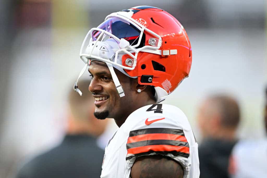 CLEVELAND, OHIO - AUGUST 27: Deshaun Watson #4 of the Cleveland Browns looks on prior to a preseason game against the New England Patriots at Huntington Bank Field on August 27, 2026 in Cleveland, Ohio.