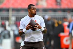 CLEVELAND, OHIO - AUGUST 27: Quarterback Deshaun Watson #4 of the Cleveland Browns warms up before a preseason game against the New England Patriots at Huntington Bank Field on August 27, 2026 in Cleveland, Ohio.