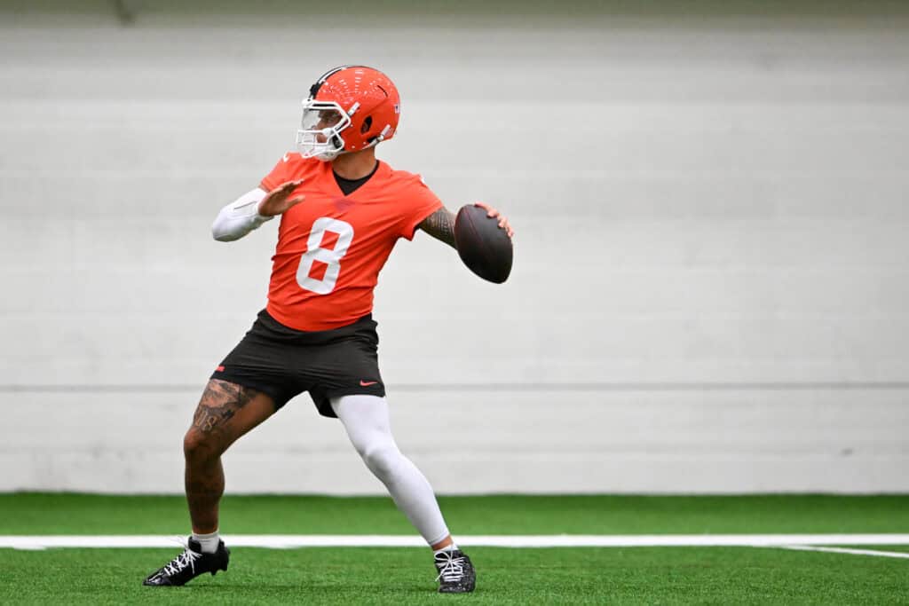 BEREA, OHIO - MAY 20: Dillon Gabriel #8 of the Cleveland Browns throws a pass during the Cleveland Browns OTA Offseason Workouts at CrossCountry Mortgage Campus on May 20, 2026 in Berea, Ohio.
