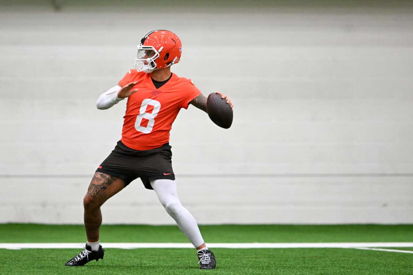 BEREA, OHIO - MAY 20: Dillon Gabriel #8 of the Cleveland Browns throws a pass during the Cleveland Browns OTA Offseason Workouts at CrossCountry Mortgage Campus on May 20, 2026 in Berea, Ohio.