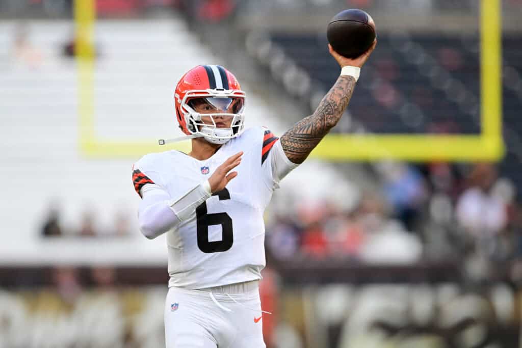 CLEVELAND, OHIO - AUGUST 27: Dillon Gabriel #6 of the Cleveland Browns warms up prior to a preseason game against the New England Patriots at Huntington Bank Field on August 27, 2026 in Cleveland, Ohio.