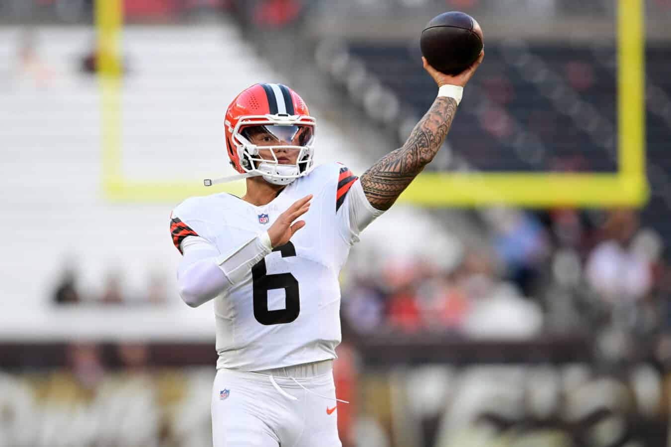 CLEVELAND, OHIO - AUGUST 27: Dillon Gabriel #6 of the Cleveland Browns warms up prior to a preseason game against the New England Patriots at Huntington Bank Field on August 27, 2026 in Cleveland, Ohio.