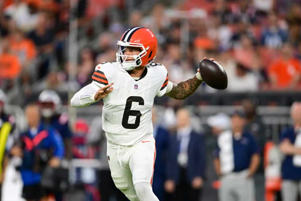 CLEVELAND, OHIO - AUGUST 27: Dillon Gabriel #6 of the Cleveland Browns throws a pass during the first quarter of a preseason game against the New England Patriots at Huntington Bank Field on August 27, 2026 in Cleveland, Ohio.