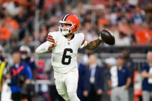 CLEVELAND, OHIO - AUGUST 27: Dillon Gabriel #6 of the Cleveland Browns throws a pass during the first quarter of a preseason game against the New England Patriots at Huntington Bank Field on August 27, 2026 in Cleveland, Ohio.