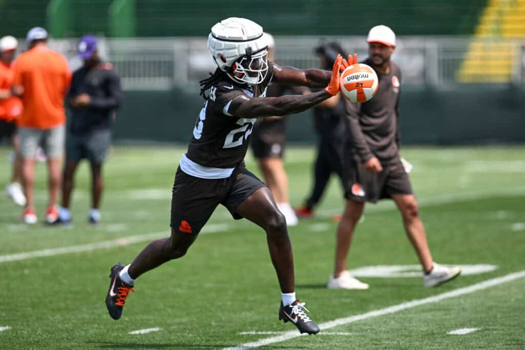 BEREA, OHIO - JULY 29: Emmanuel McNeil-Warren #28 of the Cleveland Browns runs a drill during Cleveland Browns Training Camp at CrossCountry Mortgage Campus on July 29, 2026 in Berea, Ohio.