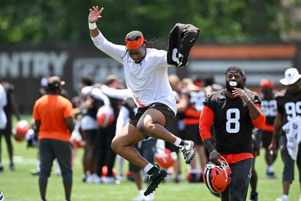 BEREA, OHIO - JUNE 11: Isaiah McGuire #57 of the Cleveland Browns celebrates after the Cleveland Browns Mandatory Minicamp at CrossCountry Mortgage Campus on June 11, 2026 in Berea, Ohio.