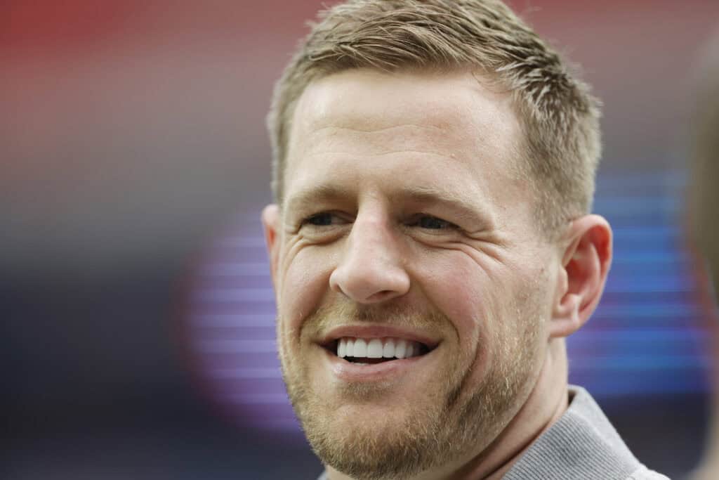 HOUSTON, TEXAS - OCTOBER 01: Former Houston Texans player J.J. Watt looks on prior to a game between the Houston Texans and the Pittsburgh Steelers at NRG Stadium on October 01, 2023 in Houston, Texas.