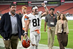 CLEVELAND, OHIO - AUGUST 27: Wide receiver Luke Floriea #81 of the Cleveland Browns celebrates after a preseason game against the New England Patriots at Huntington Bank Field on August 27, 2026, in Cleveland, Ohio. The Browns defeated the Patriots 37-13.