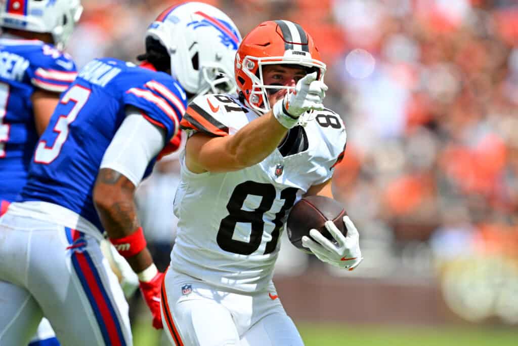 CLEVELAND, OHIO - AUGUST 22: Wide receiver Luke Floriea #81 of the Cleveland Browns celebrates a first down during the second quarter of the preseason game against the Buffalo Bills at Huntington Bank Field on August 22, 2026, in Cleveland, Ohio.