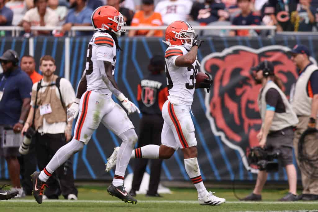 CHICAGO, ILLINOIS - AUGUST 15: Michael Coats Jr. #39 of the Cleveland Browns celebrates an interception during the second quarter of a preseason game against the Chicago Bears at Soldier Field on August 15, 2026 in Chicago, Illinois.
