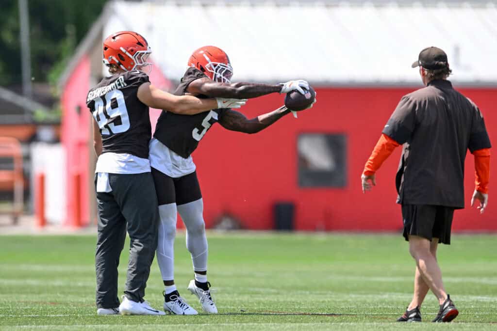 BEREA, OHIO - JUNE 11: Carson Schwesinger #49 and Quincy Williams #5 of the Cleveland Browns run a drill during the Cleveland Browns Mandatory Minicamp at CrossCountry Mortgage Campus on June 11, 2026 in Berea, Ohio.