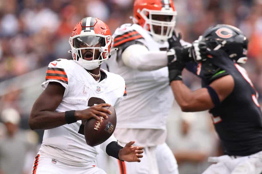 CHICAGO, ILLINOIS - AUGUST 15: Shedeur Sanders #2 of the Cleveland Browns looks to pass the ball during the third quarter of a preseason game against the Chicago Bears at Soldier Field on August 15, 2026 in Chicago, Illinois.