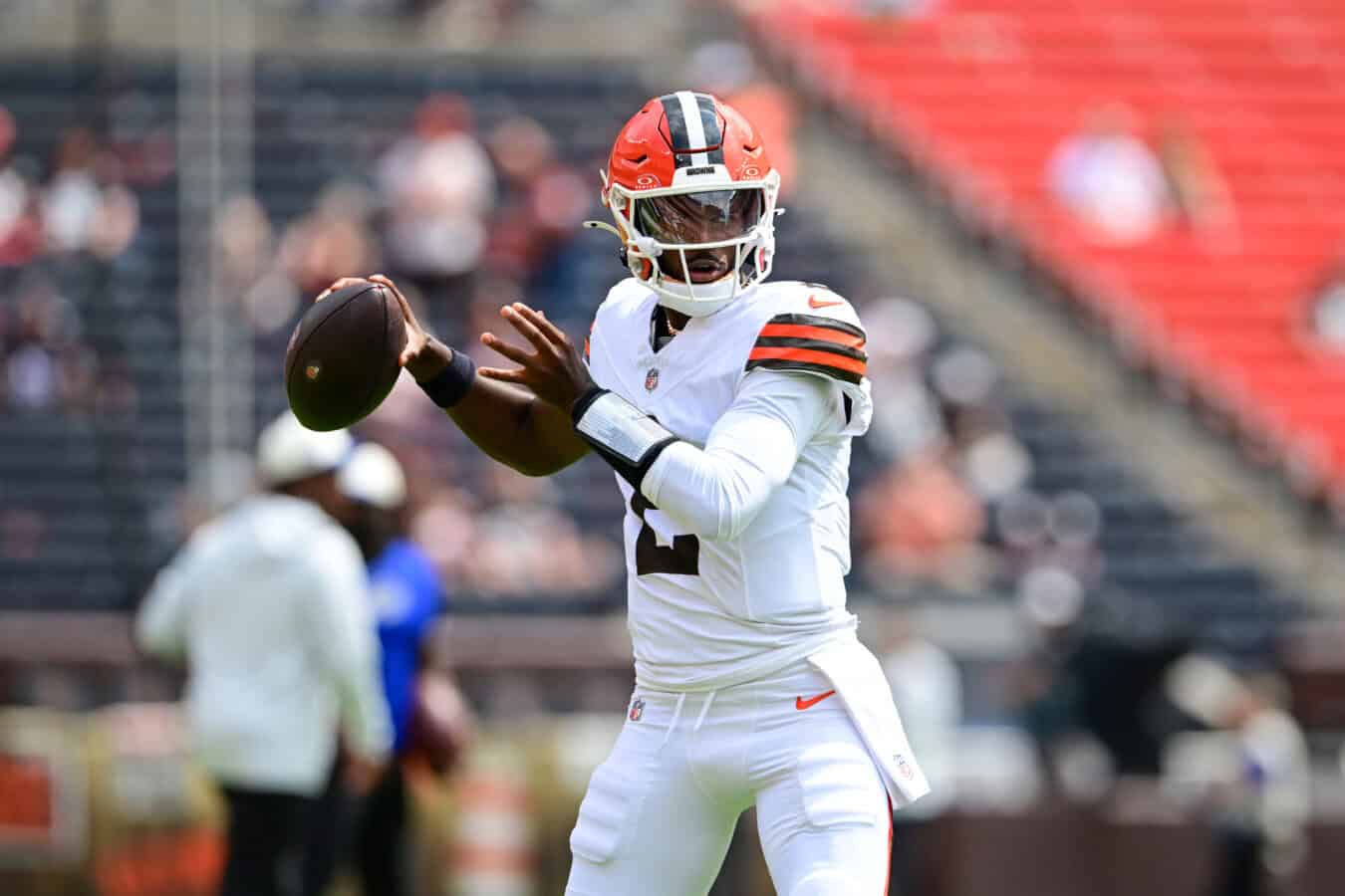 CLEVELAND, OHIO - AUGUST 22: Shedeur Sanders #2 of the Cleveland Browns warms up prior to a preseason game against the Buffalo Bills at Huntington Bank Field on August 22, 2026 in Cleveland, Ohio.