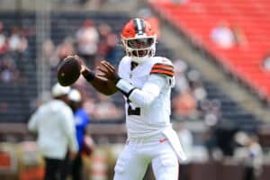 CLEVELAND, OHIO - AUGUST 22: Shedeur Sanders #2 of the Cleveland Browns warms up prior to a preseason game against the Buffalo Bills at Huntington Bank Field on August 22, 2026 in Cleveland, Ohio.