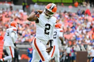 CLEVELAND, OHIO - AUGUST 22: Quarterback Shedeur Sanders #2 of the Cleveland Browns celebrates after a touchdown during the first quarter of the preseason game against the Buffalo Bills at Huntington Bank Field on August 22, 2026 in Cleveland, Ohio.