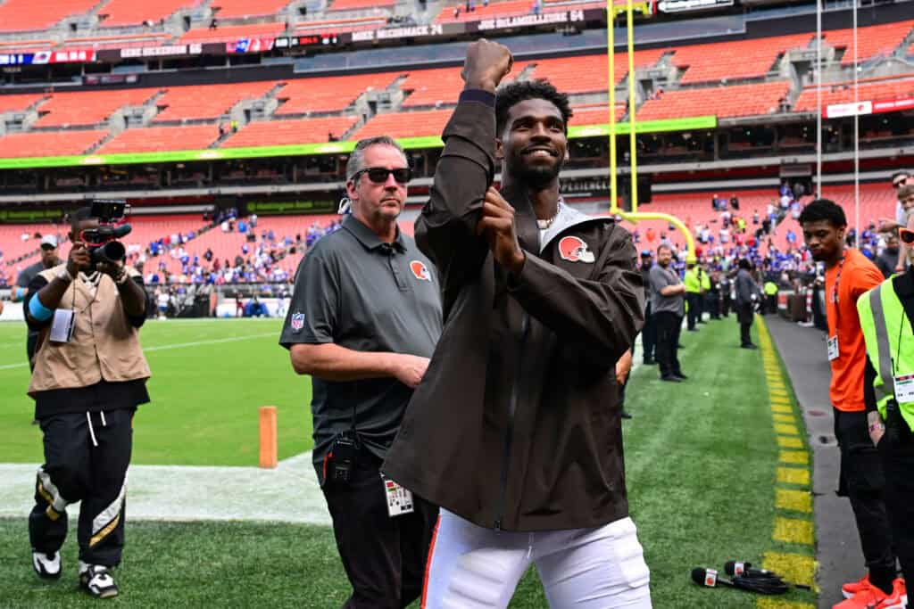 CLEVELAND, OHIO - AUGUST 22: Shedeur Sanders #2 of the Cleveland Browns gestures to fans as he walks off the field after the team's 31-7 loss to the Buffalo Bills in a preseason game against the at Huntington Bank Field on August 22, 2026 in Cleveland, Ohio.