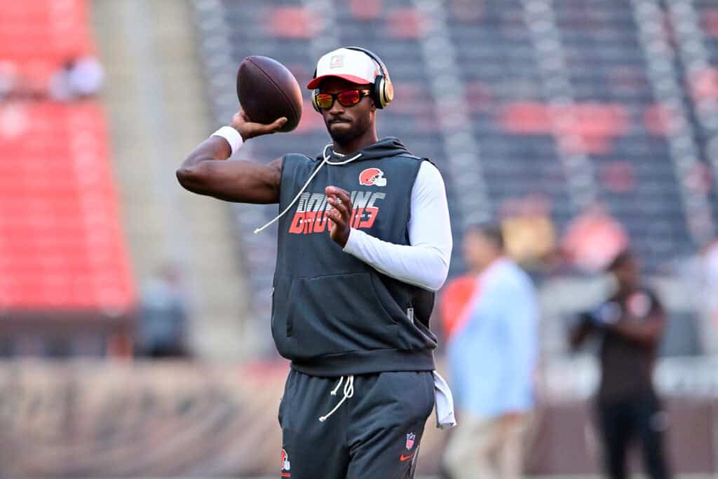 CLEVELAND, OHIO - AUGUST 27: Shedeur Sanders #2 of the Cleveland Browns warms up prior to a preseason game against the New England Patriots at Huntington Bank Field on August 27, 2026 in Cleveland, Ohio.
