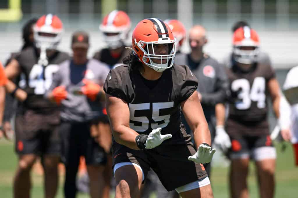 BEREA, OHIO - JUNE 03: Spencer Fano #55 of the Cleveland Browns runs a drill during the Cleveland Browns OTA Offseason Workouts at CrossCountry Mortgage Campus on June 03, 2026 in Berea, Ohio.