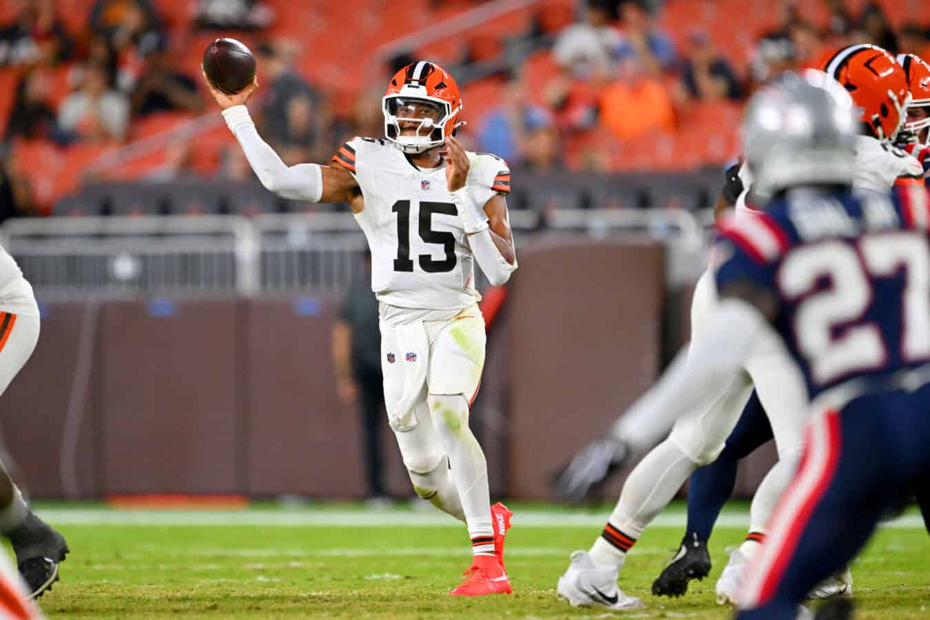 CLEVELAND, OHIO - AUGUST 27: Quarterback Taylen Green #15 of the Cleveland Browns passes during the fourth quarter of a preseason game against the New England Patriots at Huntington Bank Field on August 27, 2026 in Cleveland, Ohio. The Browns defeated the Patriots 37-13.