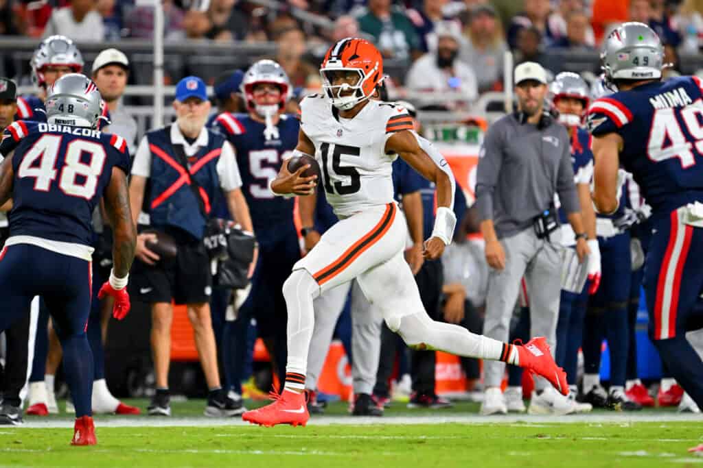 CLEVELAND, OHIO - AUGUST 27: Quarterback Taylen Green #15 of the Cleveland Browns runs the ball during the third quarter of a preseason game against the New England Patriots at Huntington Bank Field on August 27, 2026 in Cleveland, Ohio. The Browns defeated the Patriots 37-13.