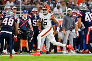 CLEVELAND, OHIO - AUGUST 27: Quarterback Taylen Green #15 of the Cleveland Browns runs the ball during the third quarter of a preseason game against the New England Patriots at Huntington Bank Field on August 27, 2026 in Cleveland, Ohio. The Browns defeated the Patriots 37-13.