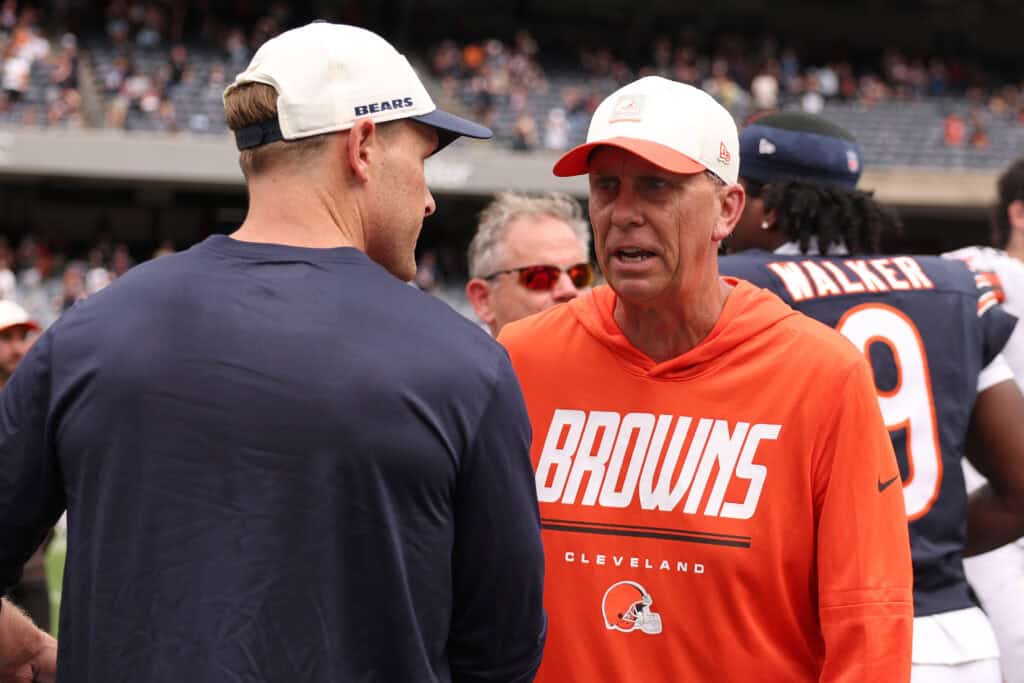 CHICAGO, ILLINOIS - AUGUST 15: Head coach Todd Monken of the Cleveland Browns shakes hands with head coach Ben Johnson of the Chicago Bears after a preseason game at Soldier Field on August 15, 2026 in Chicago, Illinois.
