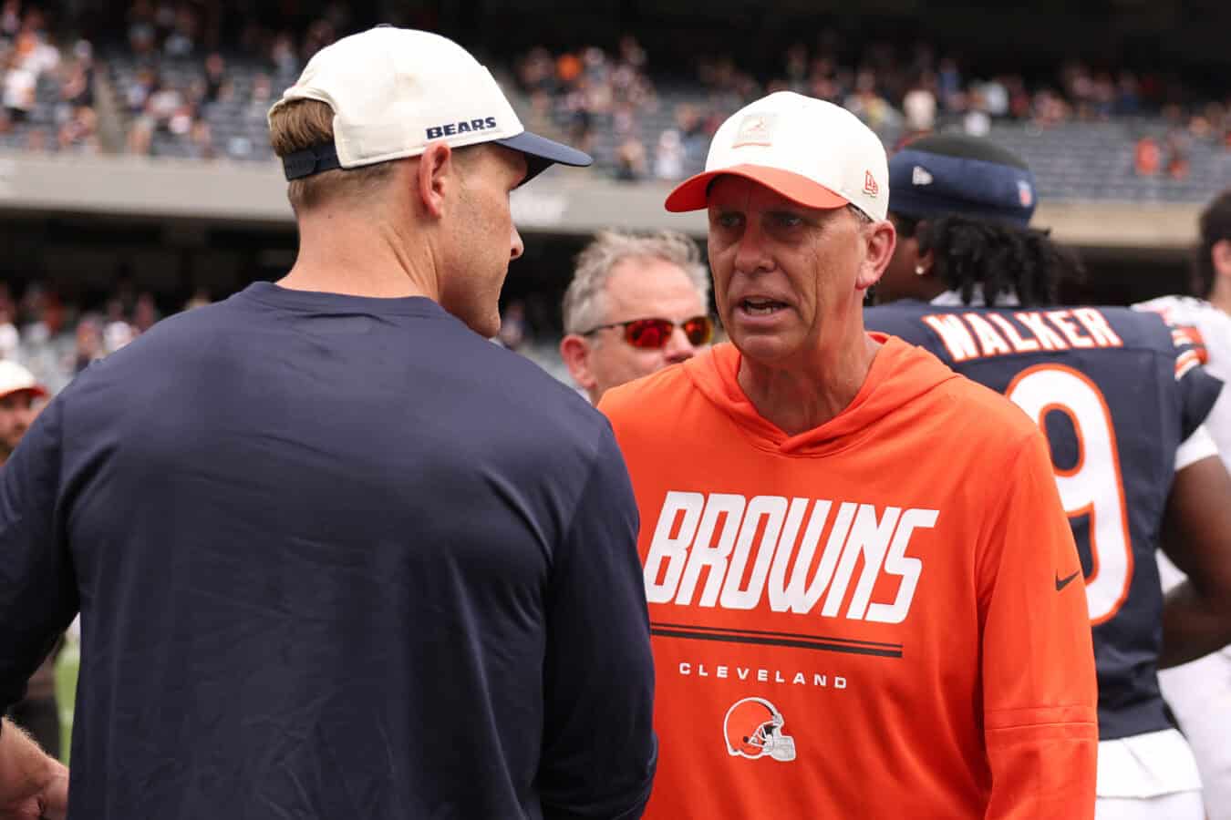 CHICAGO, ILLINOIS - AUGUST 15: Head coach Todd Monken of the Cleveland Browns shakes hands with head coach Ben Johnson of the Chicago Bears after a preseason game at Soldier Field on August 15, 2026 in Chicago, Illinois.