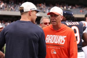 CHICAGO, ILLINOIS - AUGUST 15: Head coach Todd Monken of the Cleveland Browns shakes hands with head coach Ben Johnson of the Chicago Bears after a preseason game at Soldier Field on August 15, 2026 in Chicago, Illinois.