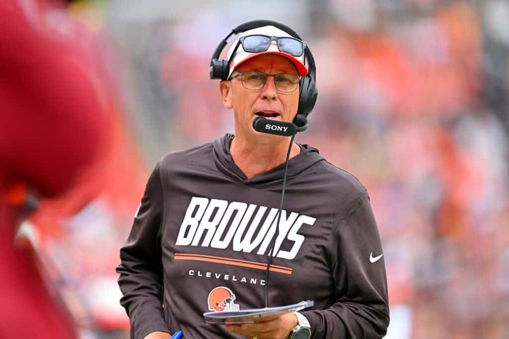 CLEVELAND, OHIO - AUGUST 22: Head coach Todd Monken of the Cleveland Browns coaches on the sidelines during the first quarter of the preseason game against the Buffalo Bills at Huntington Bank Field on August 22, 2026, in Cleveland, Ohio. (