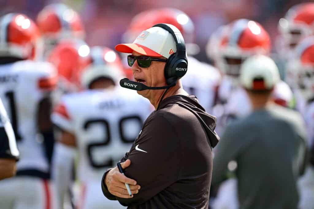 CLEVELAND, OHIO - AUGUST 22: Head coach Todd Monken of the Cleveland Browns looks on during the fourth quarter of a preseason game against the Buffalo Bills at Huntington Bank Field on August 22, 2026 in Cleveland, Ohio.
