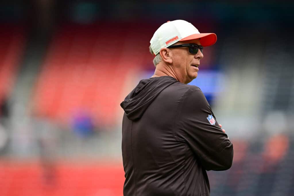 CLEVELAND, OHIO - AUGUST 22: Head coach Todd Monken of the Cleveland Browns looks on prior to a preseason game against the Buffalo Bills at Huntington Bank Field on August 22, 2026 in Cleveland, Ohio.
