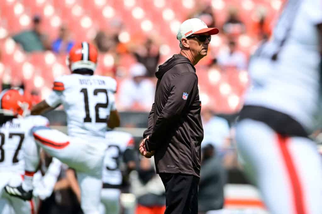 CLEVELAND, OHIO - AUGUST 22: Head coach Todd Monken of the Cleveland Browns looks on prior to a preseason game against the Buffalo Bills at Huntington Bank Field on August 22, 2026 in Cleveland, Ohio.