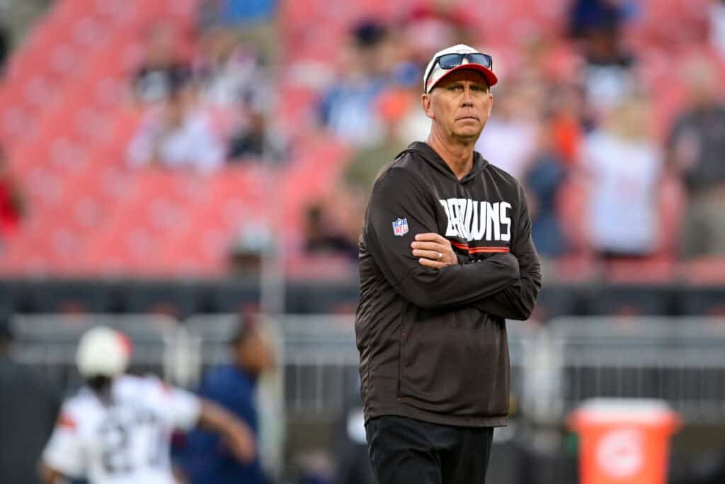 CLEVELAND, OHIO - AUGUST 27: Head coach Todd Monken of the Cleveland Browns looks on prior to a preseason game against the New England Patriots at Huntington Bank Field on August 27, 2026 in Cleveland, Ohio.